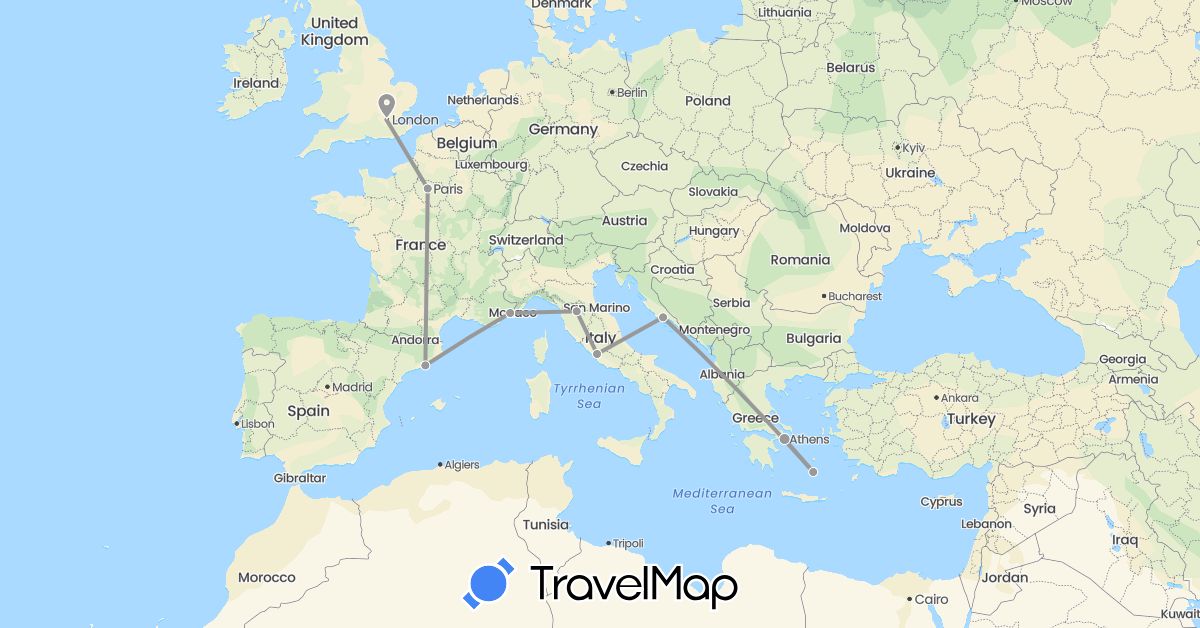 TravelMap itinerary: driving, plane in Spain, France, United Kingdom, Greece, Croatia, Italy (Europe)